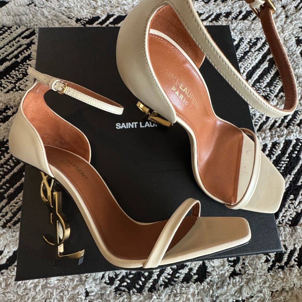 Saint Laurent Cream Heels with Gold Accents